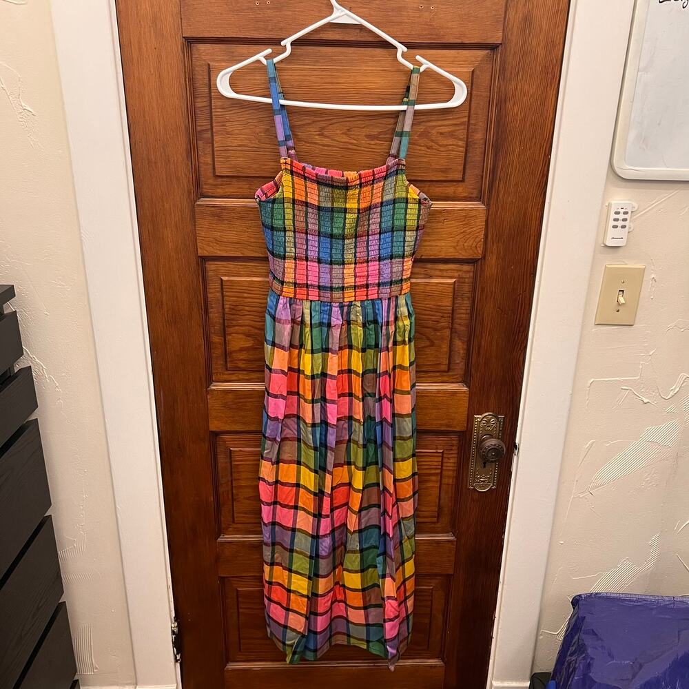 Sugarhill Denali Midi Shirred Sundress Multi Summer Rainbow Check 4 US NWT $155